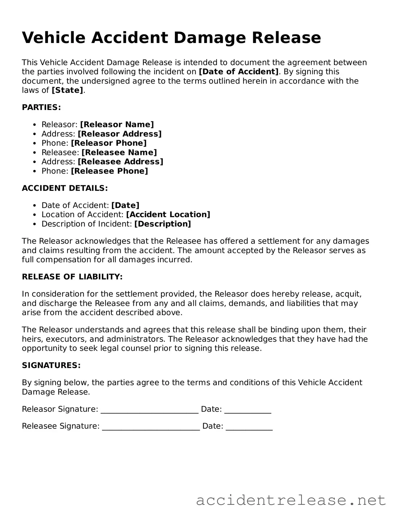 Free Vehicle Accident Damage Release Document